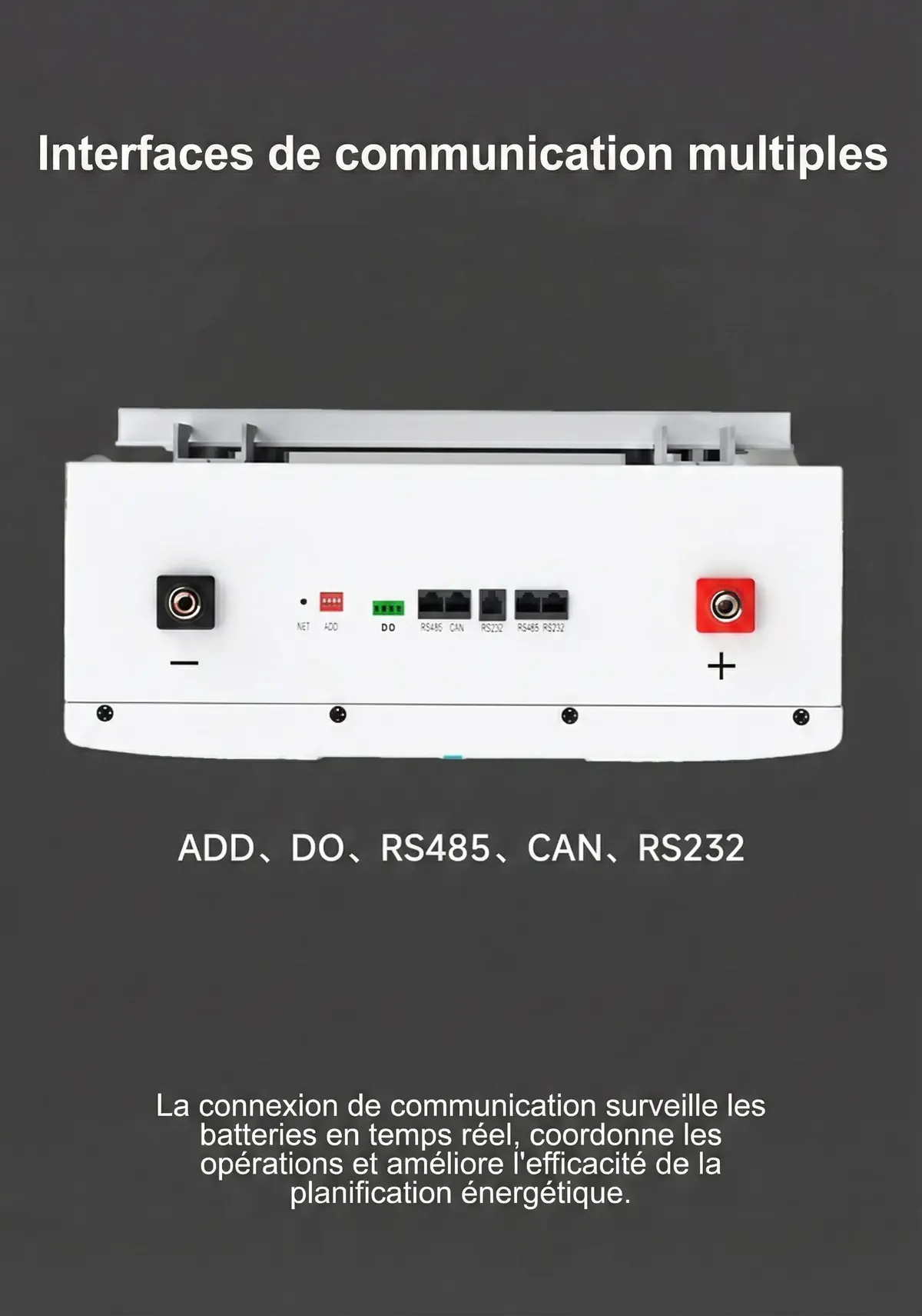 Les bornes et les ports de communication de la batterie : CAN, RS485, RS232