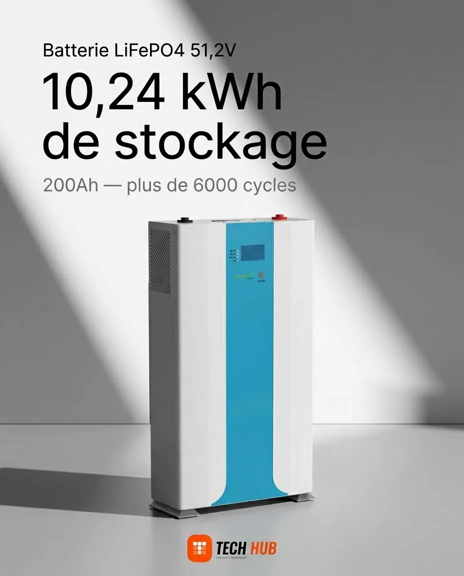 Batterie LiFePO4 51,2 V : 10,24 kWh de stockage, plus de 6000 cycles