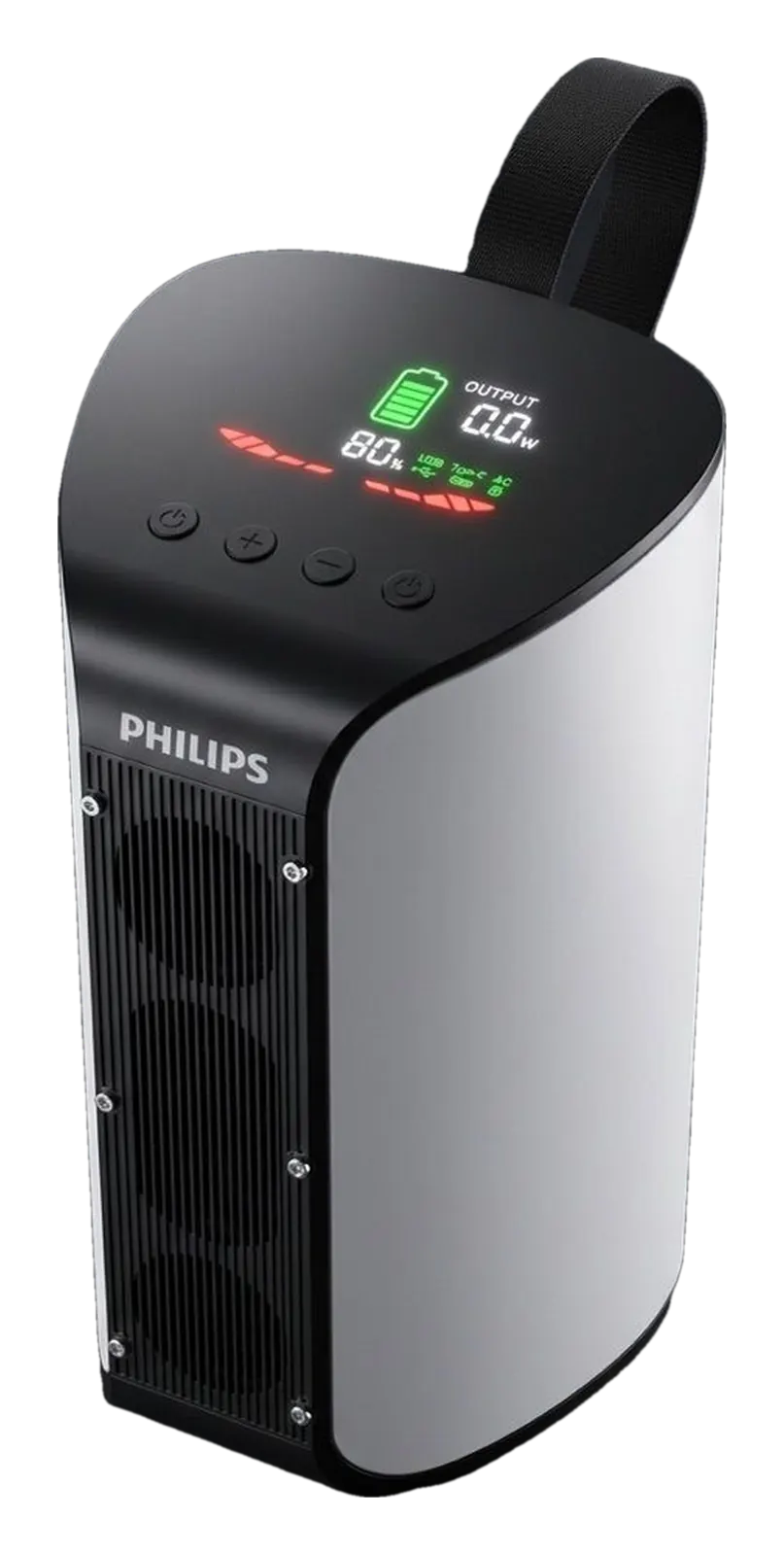 Station d'énergie portable 700 W, écran allumé, vue de trois quarts